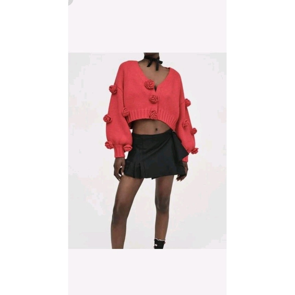 For Love And Lemons Scarlett Cardigan Sweater 3D Crop Red Floral Snap Sz Small